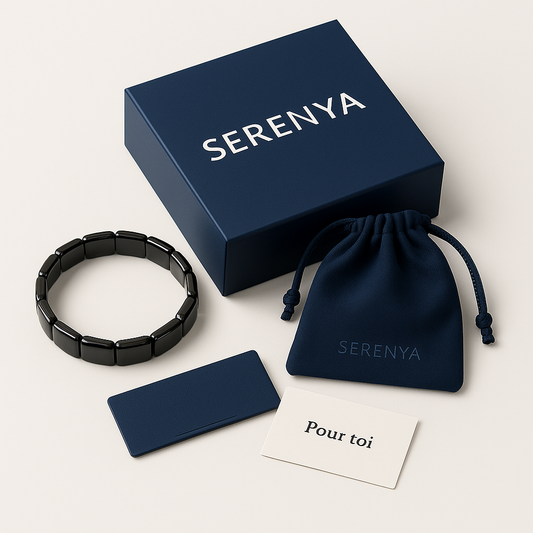 Coffret cadeau pour homme Serenya avec bracelet hématite, boîte premium et pochette en velours bleu nuit