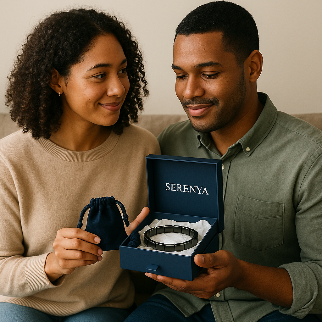 Couple partageant un moment tendre en découvrant un coffret Serenya et son bracelet en hématite