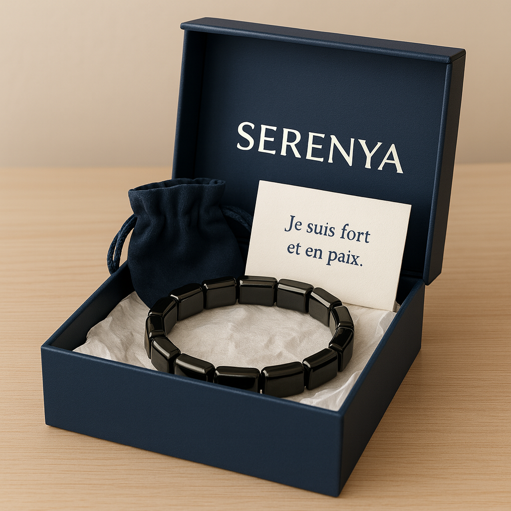 Coffret cadeau Serenya pour homme avec bracelet hématite, pochette en velours et carte mantra Je suis fort et en paix