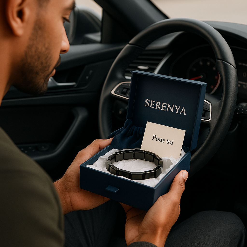 Homme appréciant un coffret Serenya dans sa voiture avec bracelet hématite et message personnalisé