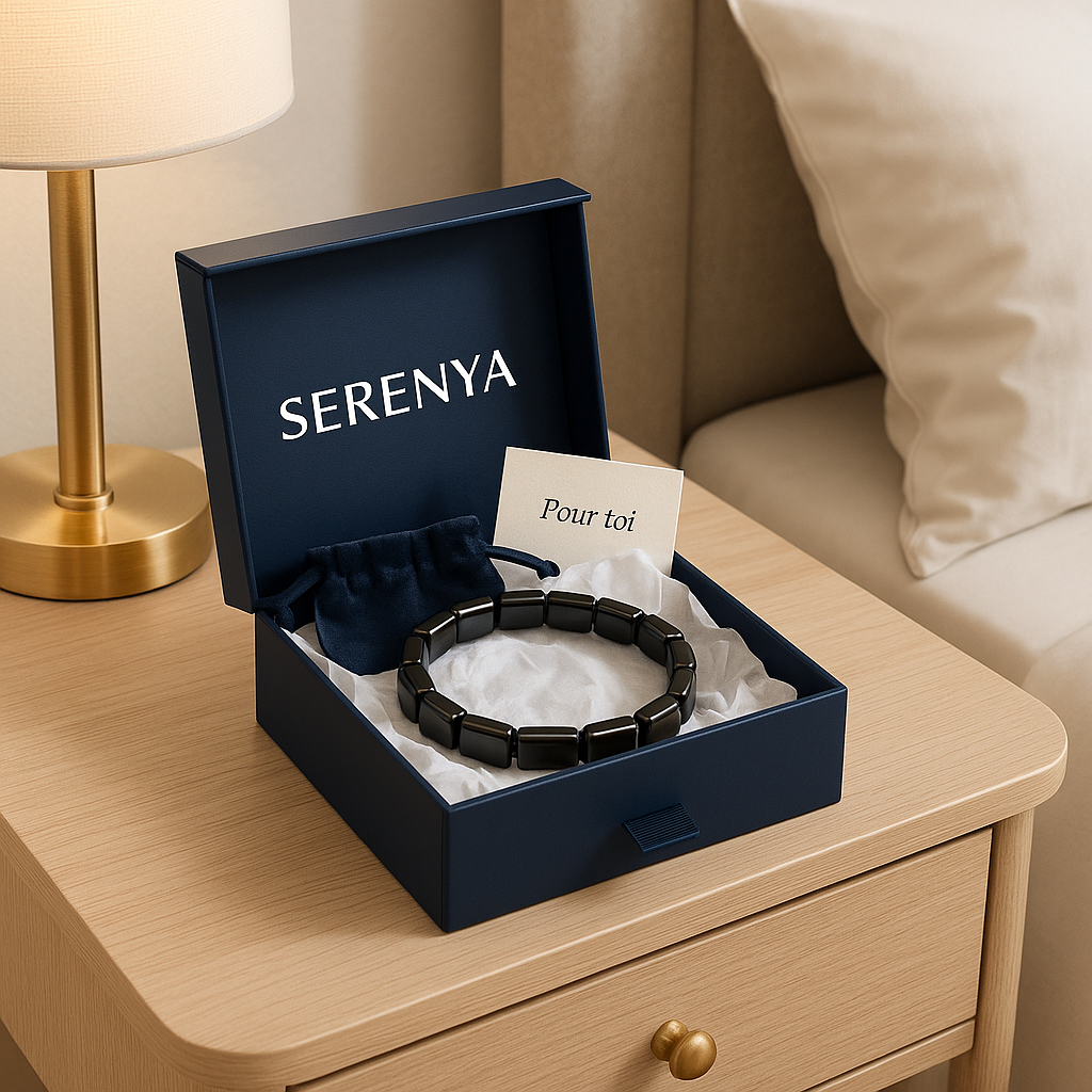 Coffret cadeau masculin Serenya avec bracelet en hématite présenté dans une boîte bleu nuit sur une table de chevet