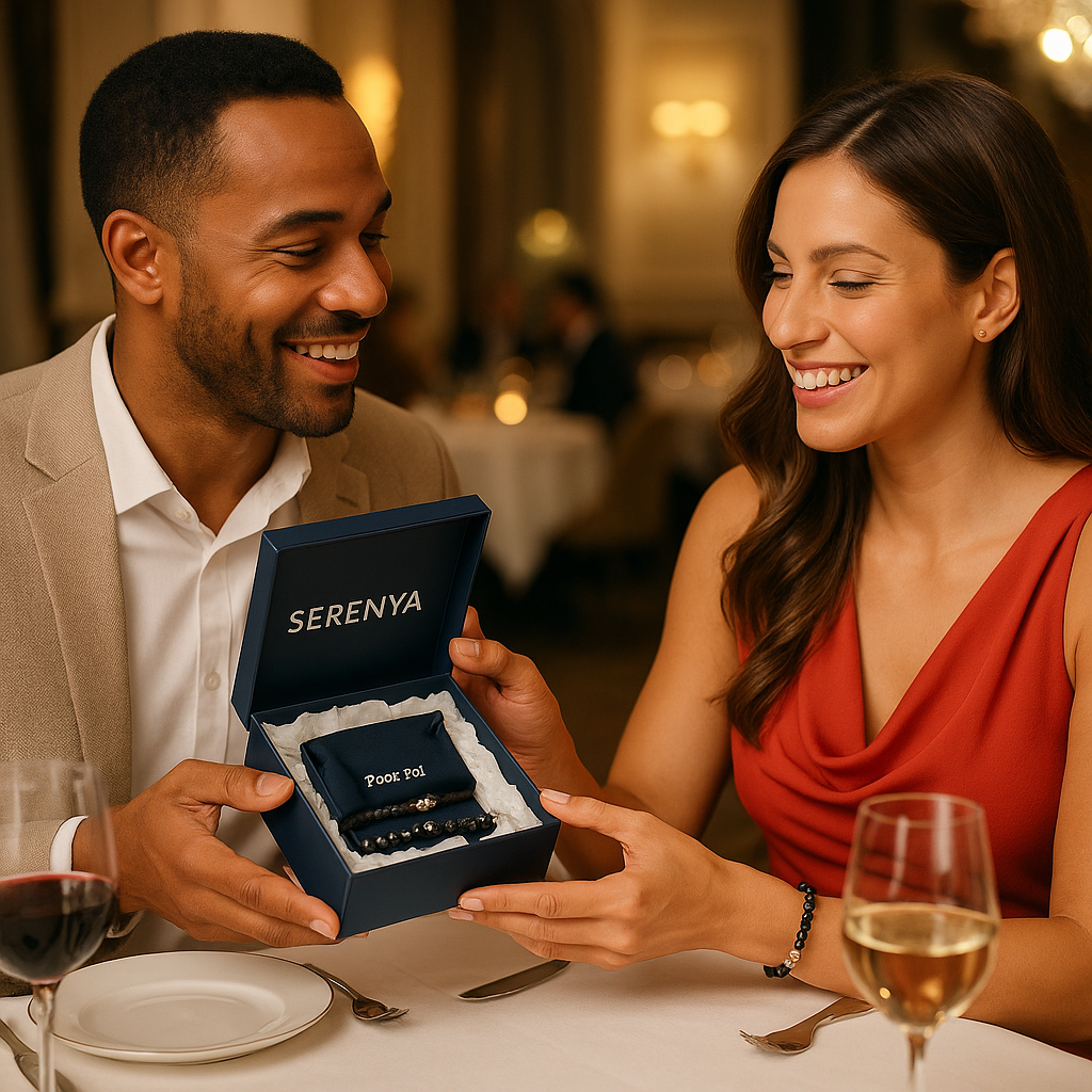 Coffret cadeau pour homme Serenya avec bracelet hématite, boîte premium et pochette en velours bleu nuit