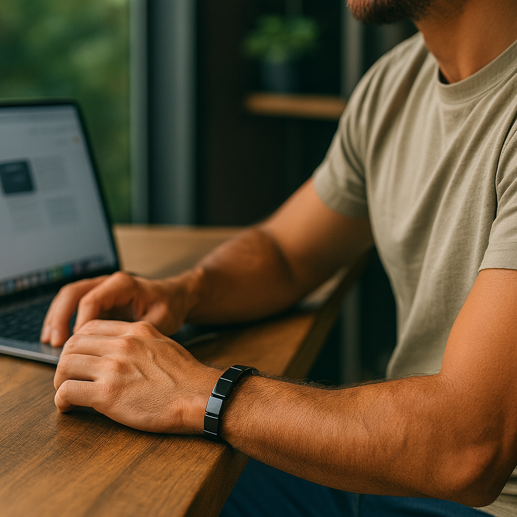 Homme portant le bracelet hématite Serenya en travaillant sur son ordinateur