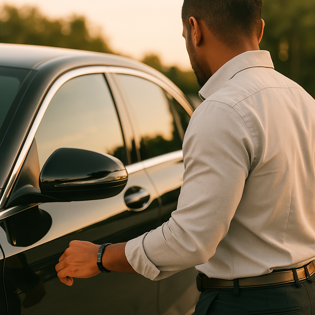 Homme portant le bracelet hématite Serenya en ouvrant la portière de sa voiture, symbole d’élégance et de confiance