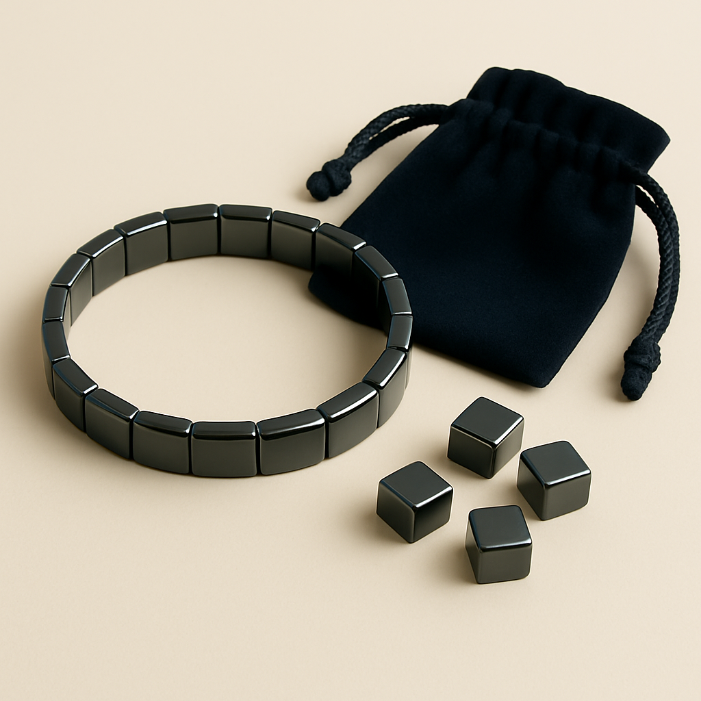Bracelet masculin en hématite Serenya accompagné de cubes d’hématite sur surface neutre