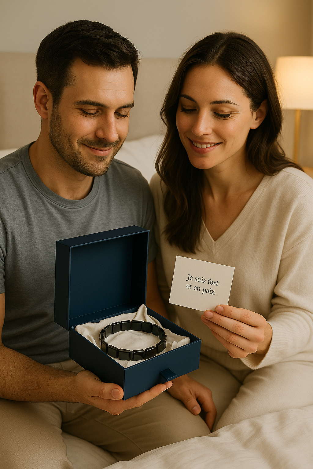 Couple partageant un moment doux en offrant un coffret cadeau Serenya avec bracelet hématite et message inspirant